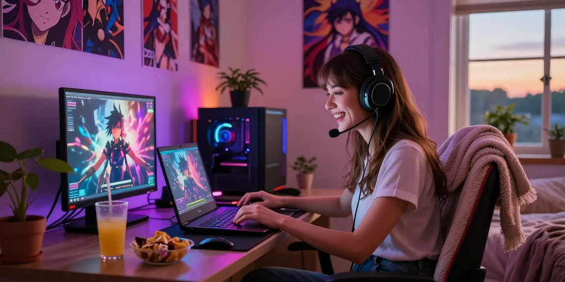 Engaged female gamer playing female protagonist porn games in a cozy setup with colorful lighting.