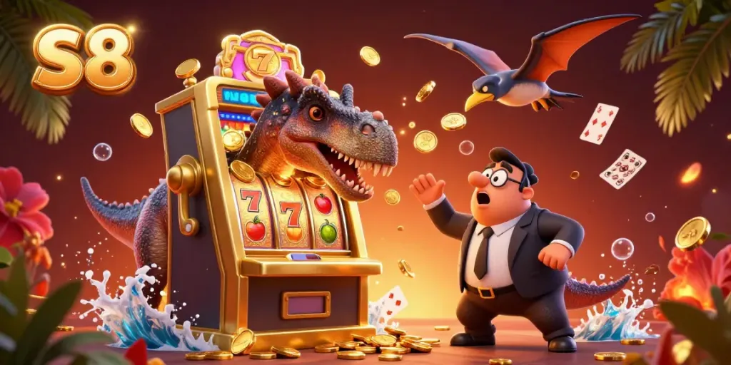 S8 showcases a colorful 3D casino scene with exciting characters and dynamic slot elements.