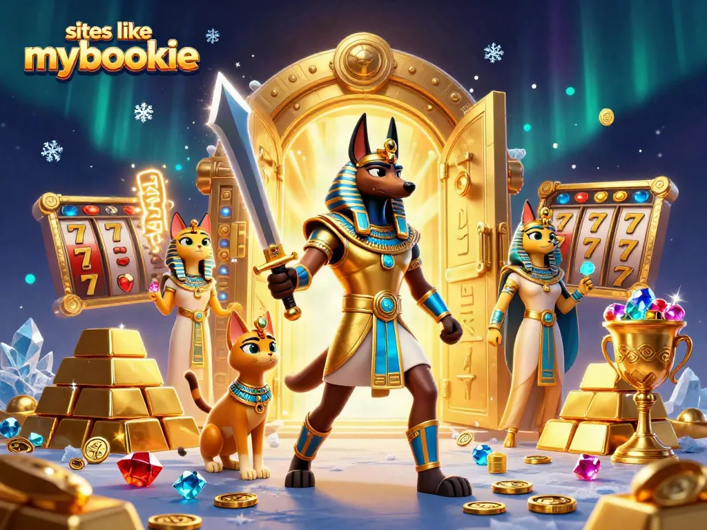 Engage with top sites like MyBookie featuring Anubis and slots action amidst gold treasures.