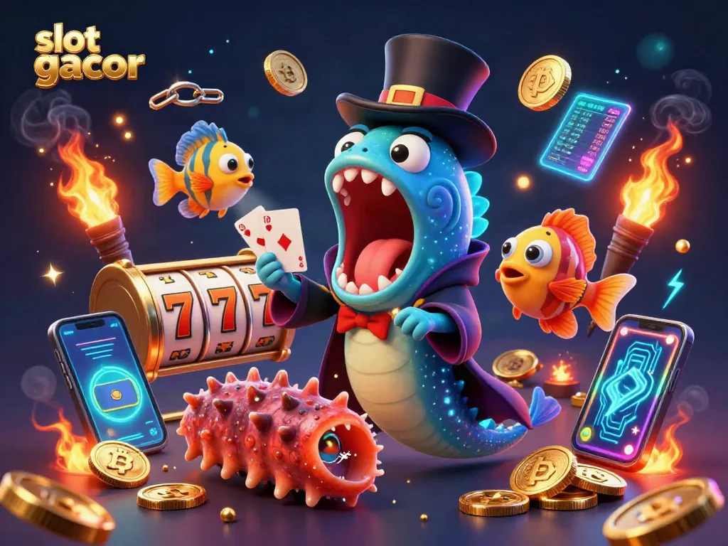 Experience the excitement of slot gacor with a vibrant underwater magic scene featuring a gulper eel and anglerfish.