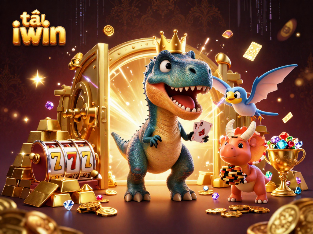Engage in the excitement of tải iwin as characters shuffle cards amid sparkling treasures and vibrant casino scenes.