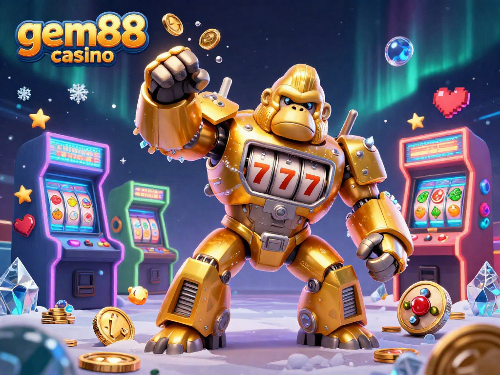 Experience thrilling gameplay at gem88 casino with an exciting 3D illustration showcasing a golden gorilla mech!