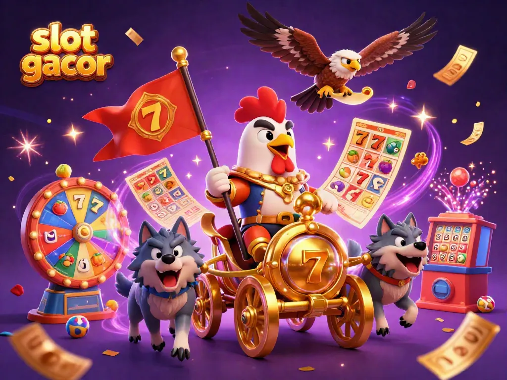 Experience the thrill of slot gacor with a vivid illustration of a warlord on a chariot surrounded by dynamic casino symbols.