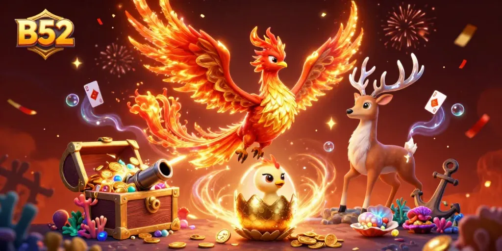 B52 gaming experience with a vibrant phoenix and treasure in a dynamic casino atmosphere