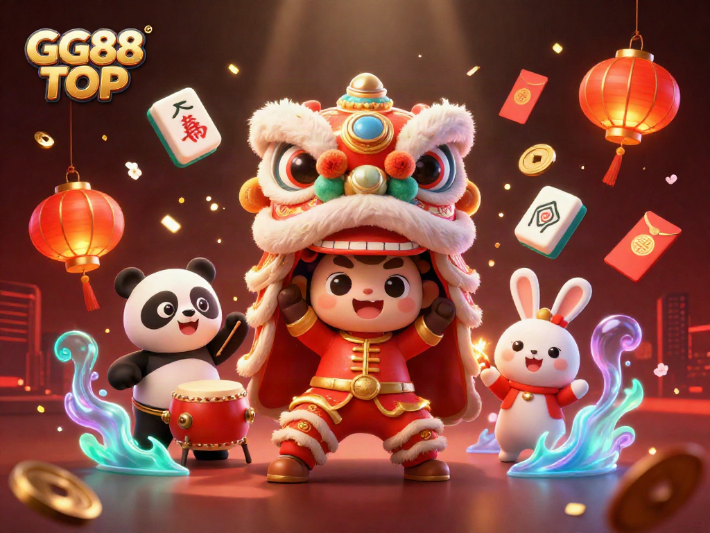 Experience exciting games with GG88 TOP, featuring vibrant characters, casino elements, and festive decorations.