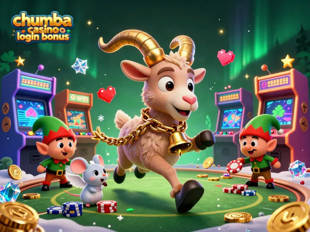 Claim your chumba casino login bonus with festive characters in a vibrant casino scene.