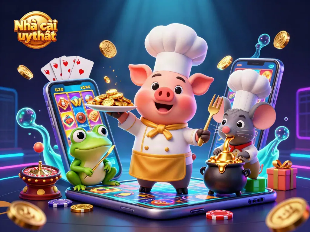 Engage with Nhà cái uy tín through a vibrant casino scene featuring a chef pig serving gold coins.