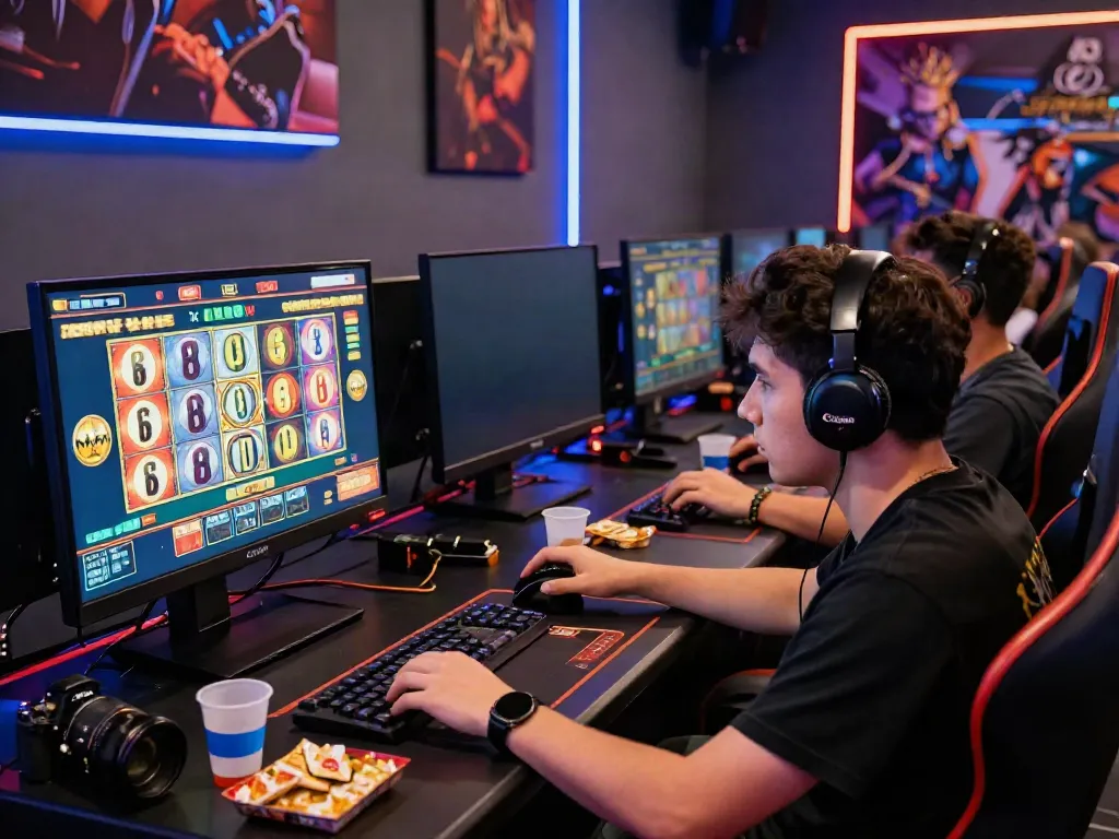 Engaged players enjoying akunjp online slot gaming experience in a vibrant gaming room.