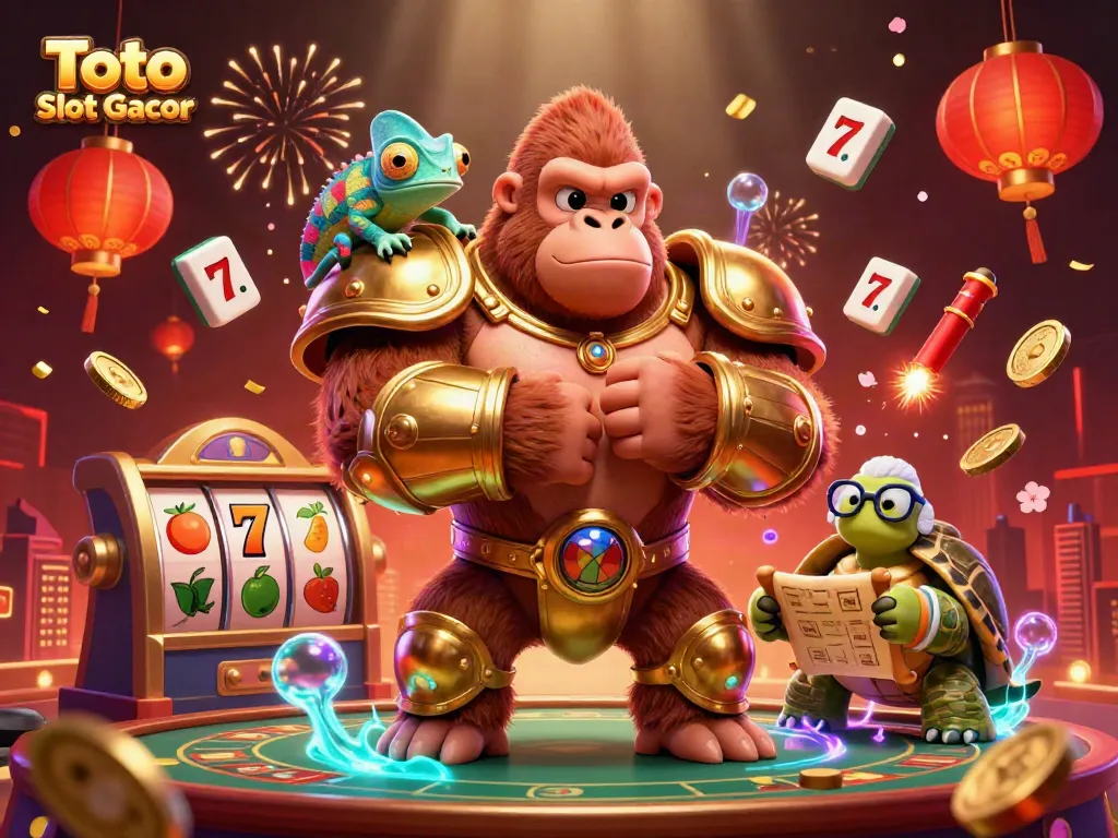 Toto Slot Gacor menampilkan raja gorila yang kuat dalam armor emas dan teman chameleon di kasino.