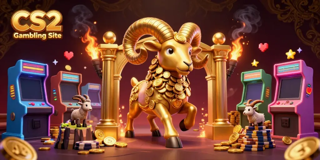 Experience the thrill of the CS2 Gambling Site through an energetic scene featuring a golden ram and arcade elements.