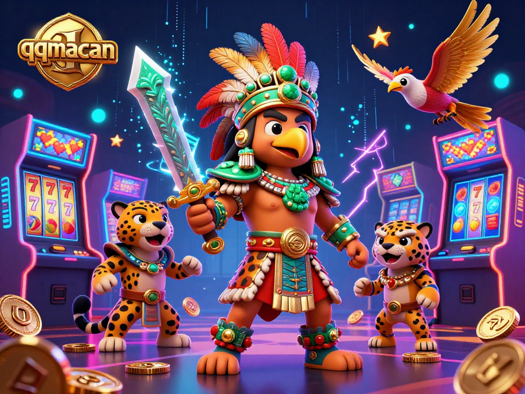 Experience the thrilling vibe of qqmacan with Aztec warriors in a vibrant casino setting featuring slot elements.