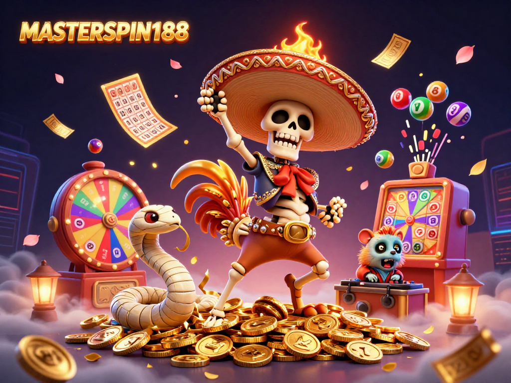 Experience the fun at MASTERSPIN188 with a vibrant celebration of lottery elements and animated characters!