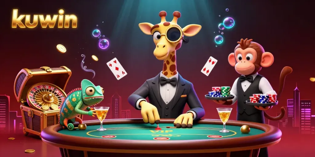 Kuwin showcases a high-roller giraffe, monkey valet, and chameleon bartender amid a vibrant casino scene.