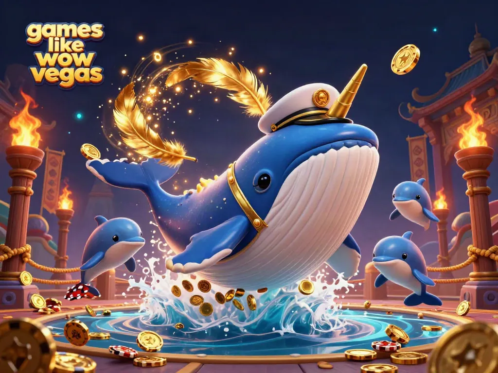 Experience thrilling games like wow vegas with a cartoon whale breaching amidst a sea of coins and poker chips.