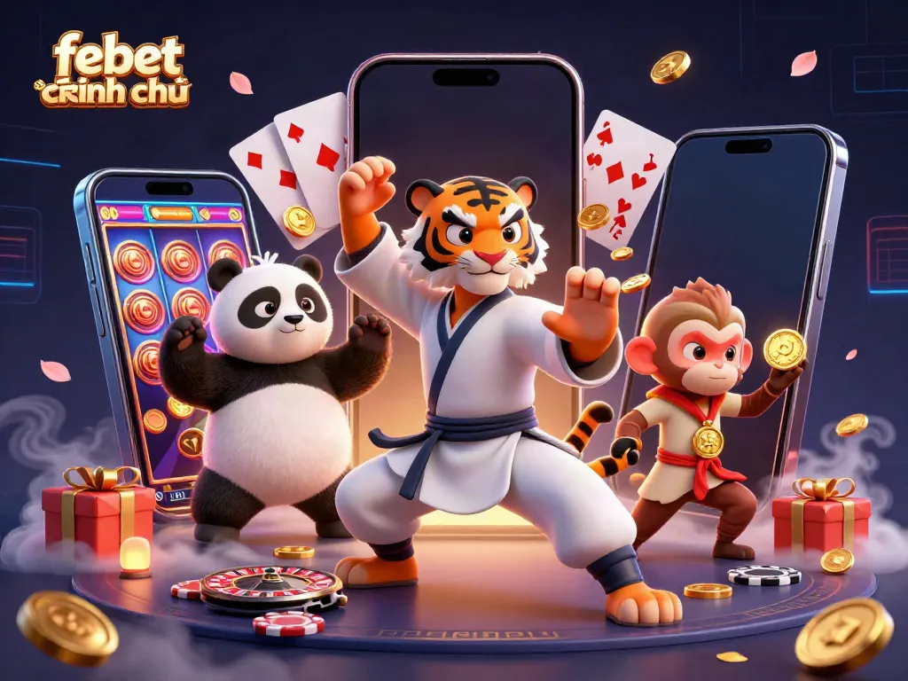 Experience the excitement of 'febet chính chủ' with a tiger master and playful characters in a vibrant casino scene.