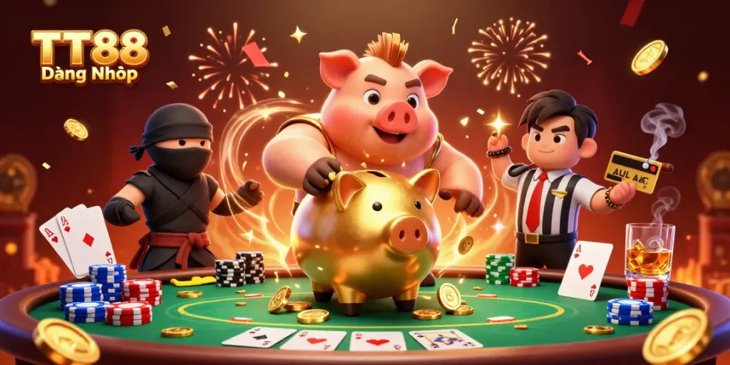 Engage in TT88 Đăng Nhập with vibrant characters in a high-stakes casino scene filled with poker elements.