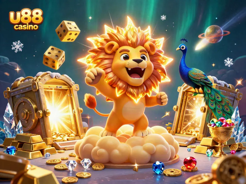 Engage in thrilling gameplay with the u88 casino, featuring the majestic sun lion amid a treasure-filled scene.