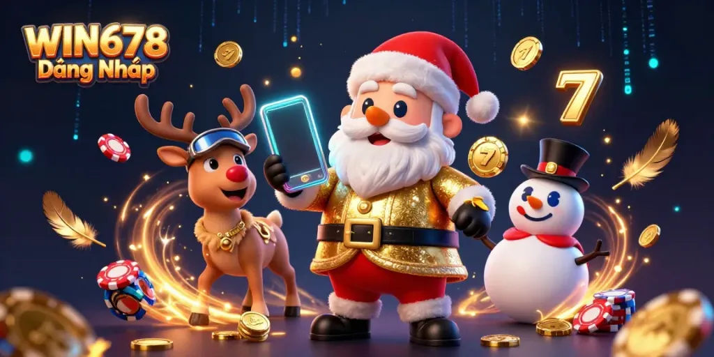 Engage in exciting games at WIN678 Đăng Nhập featuring Santa with jackpot slots, coins, and festive casino elements.