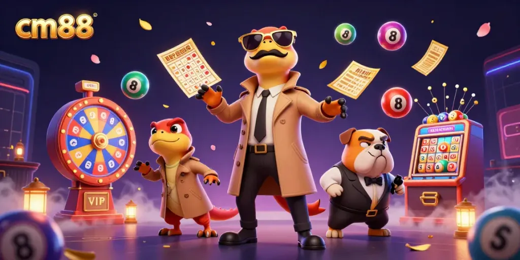 Experience engaging games at cm88 with vibrant lottery elements and playful characters in a lively casino scene.