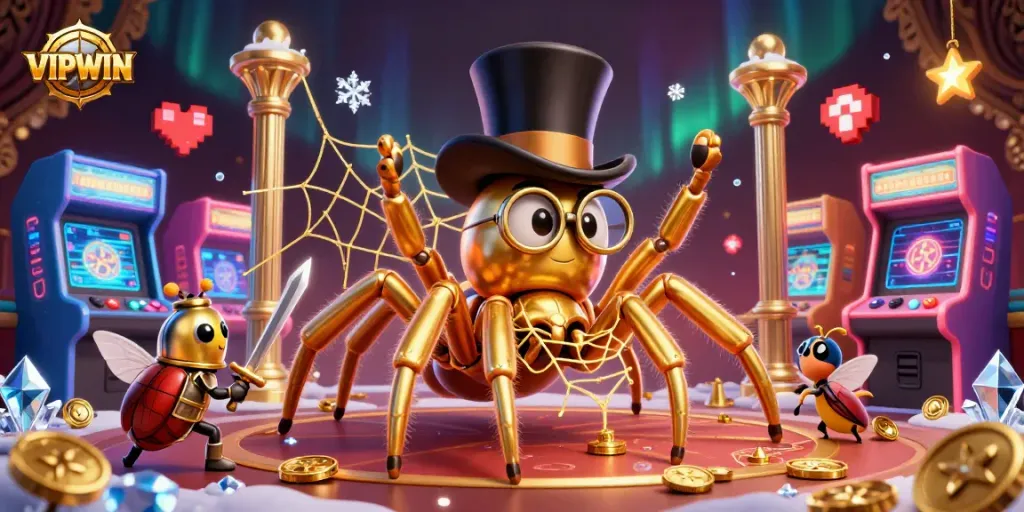 Engage with VIPWIN in this vibrant casino-themed illustration featuring brave characters and arcade elements.