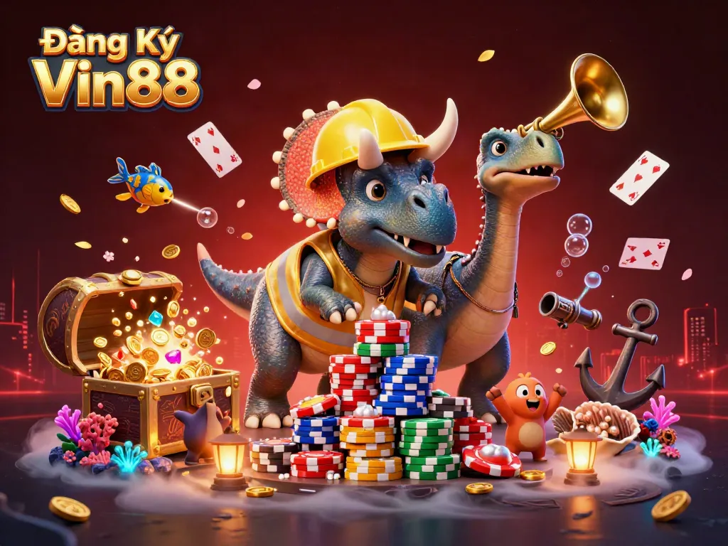 Engage in exciting gameplay with Đăng Ký Vin88, featuring rich visual elements and lively characters celebrating wins.