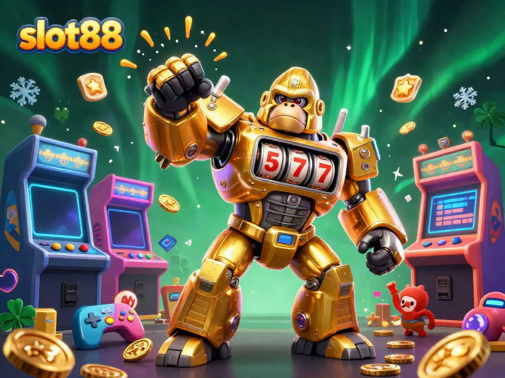 Slot88 menyuguhkan visual gamifikasi termasuk mesin slot, gorila emas, dan efek visual dinamis.