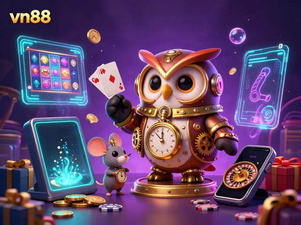 Engage with the vibrant vn88 casino scene featuring a time-traveler owl amidst thrilling gaming elements.