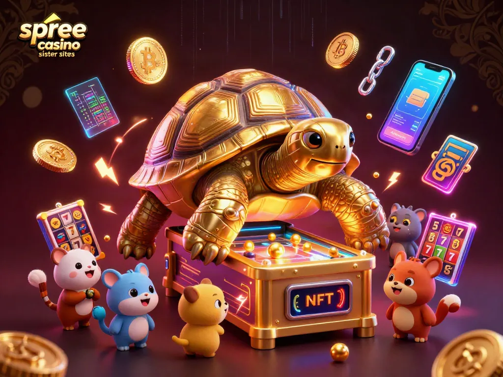 A vibrant illustration of playful animals around a golden tortoise pinball machine, representing spree casino sister sites.
