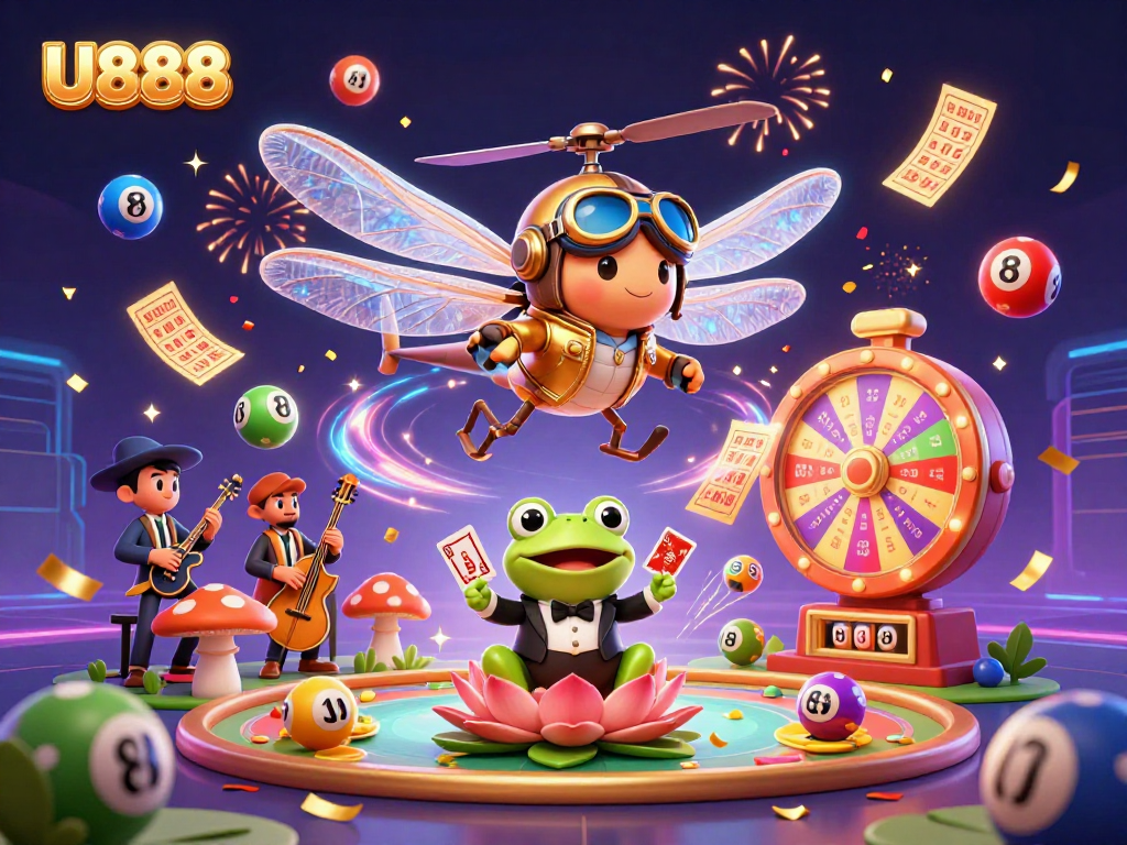 Experience the excitement of U888 with vibrant scenes featuring a frog dealer, dragonfly pilot, and lively casino atmosphere.