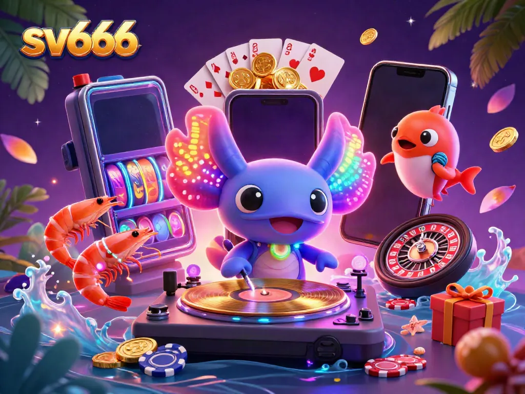 Experience energetic fun at sv666 with a neon axolotl DJ, vibrant casino games, and lively underwater characters.