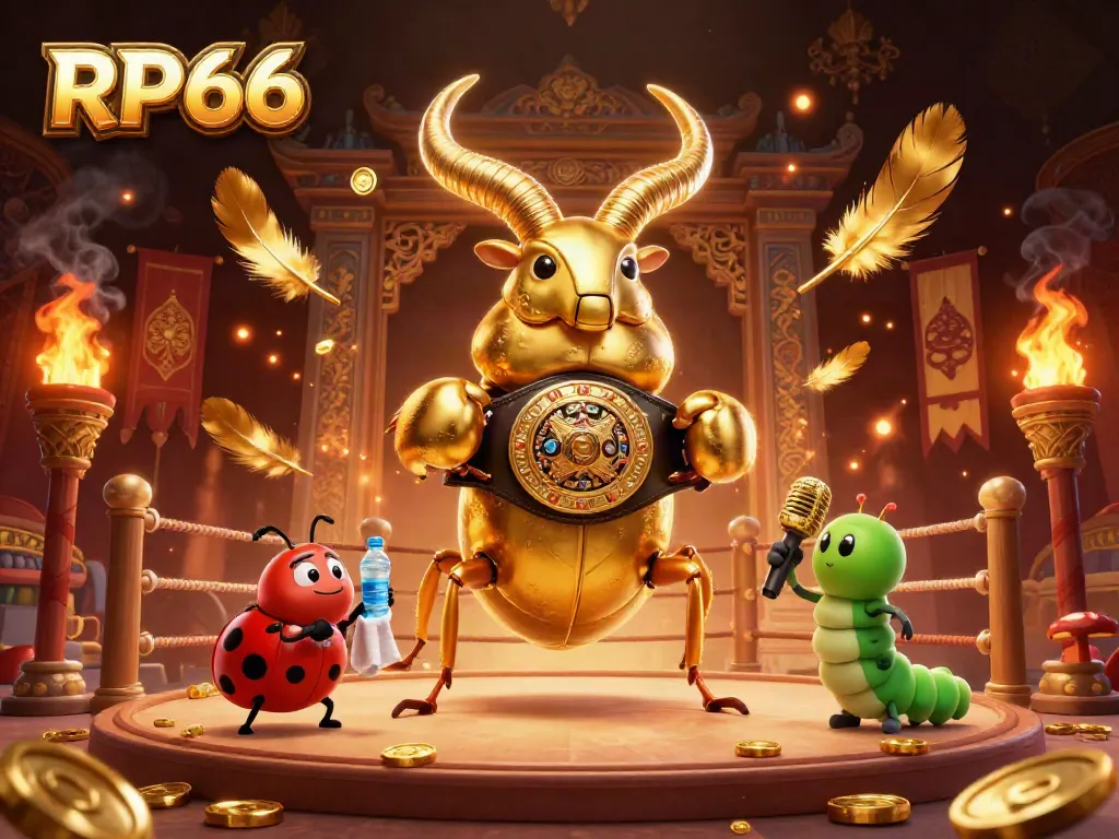 Engage with RP66 as a vibrant golden stag beetle champions a thrilling battle scene in an online casino setting.