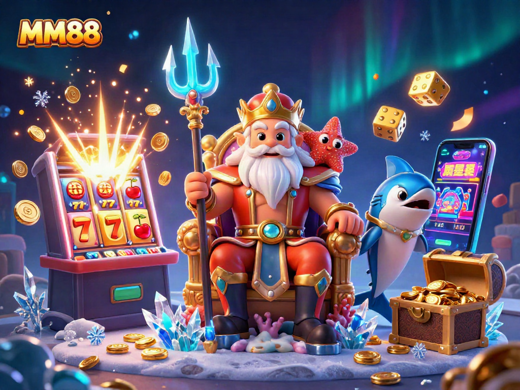 Experience the excitement of MM88 with a vibrant 3D casino scene featuring Neptune and jackpots.