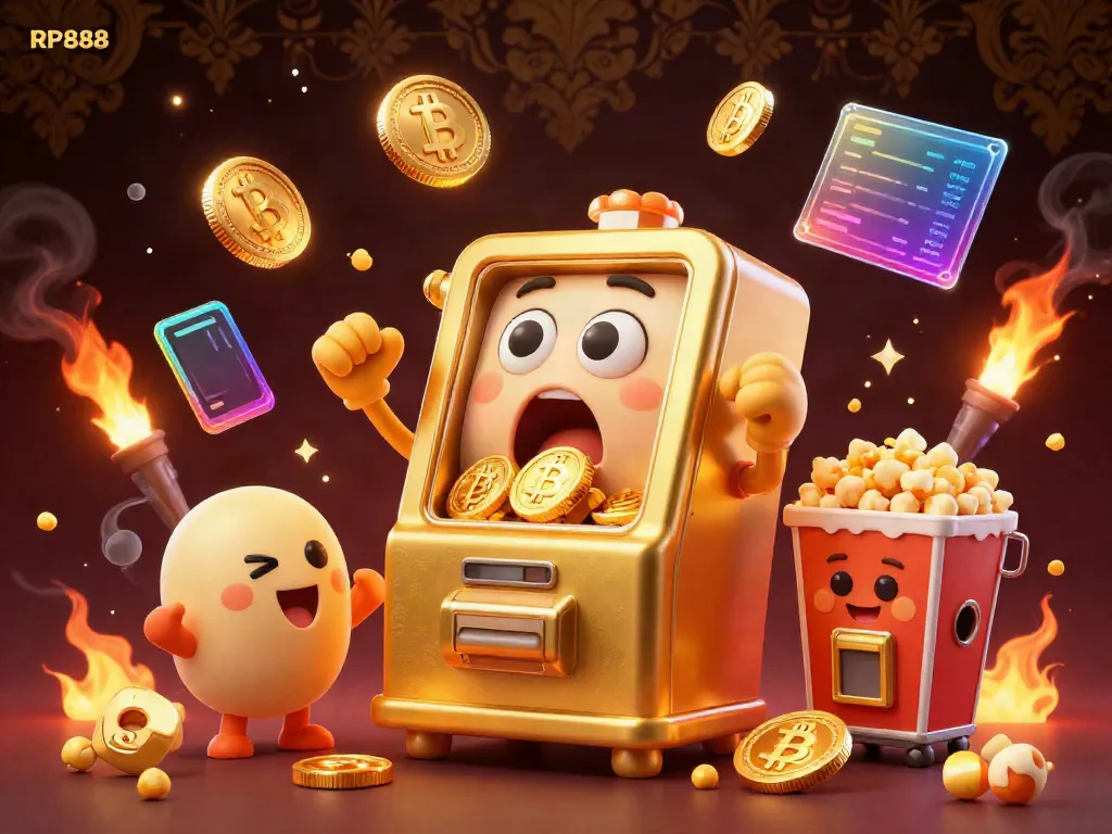 Experience the excitement of RP888 with a golden slot machine winning big, surrounded by cheers and rich casino elements.