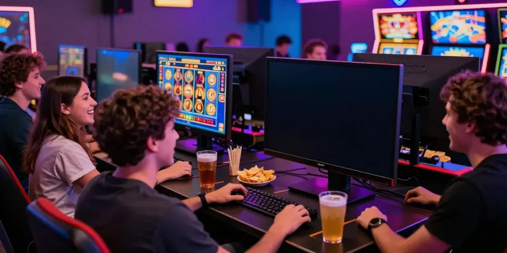 Friends enjoying thrilling slot games at luxury12 gaming lounge.