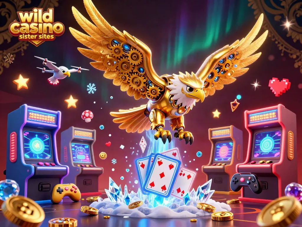 Experience wild casino sister sites with a 3D cybernetic eagle soaring through vibrant gaming elements.