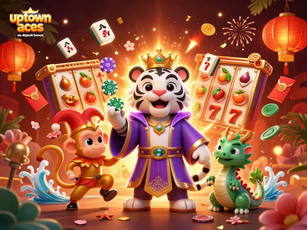 Play the uptown aces no deposit bonus with a colorful scene of themed characters and slots.