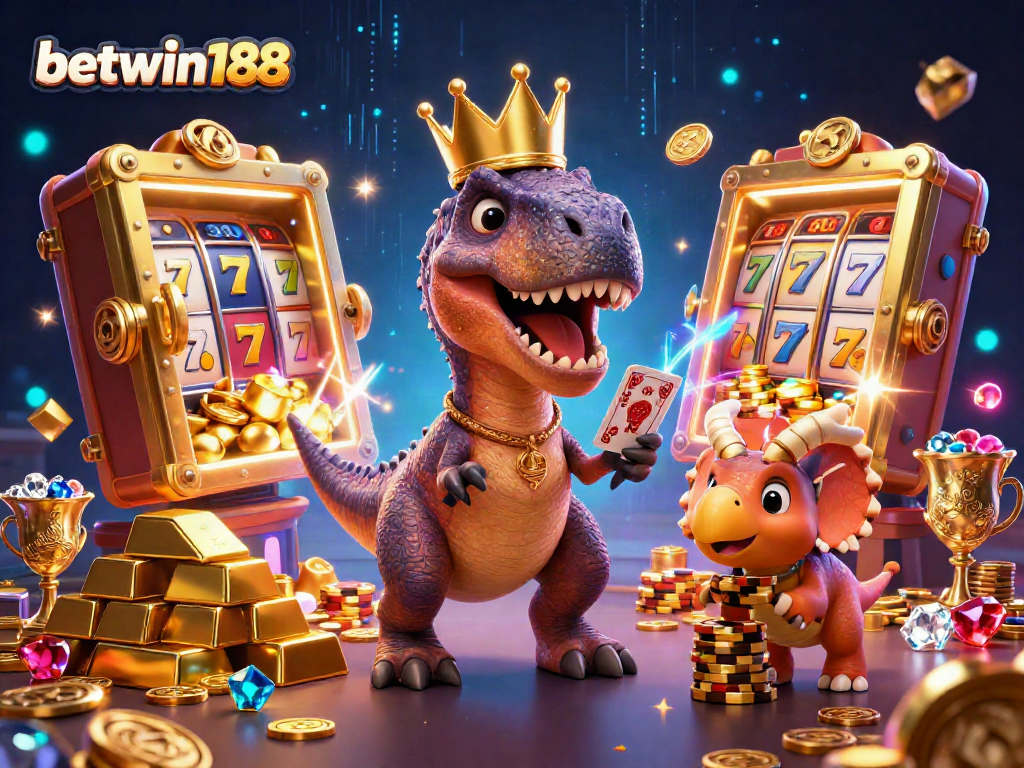 Experience the thrilling action at betwin188 with T-Rex and friends at a vibrant casino scene.