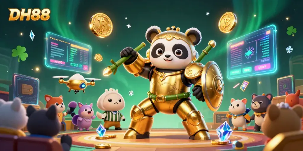 Experience thrill at DH88 with the mech-suit panda in an electrifying casino arena.
