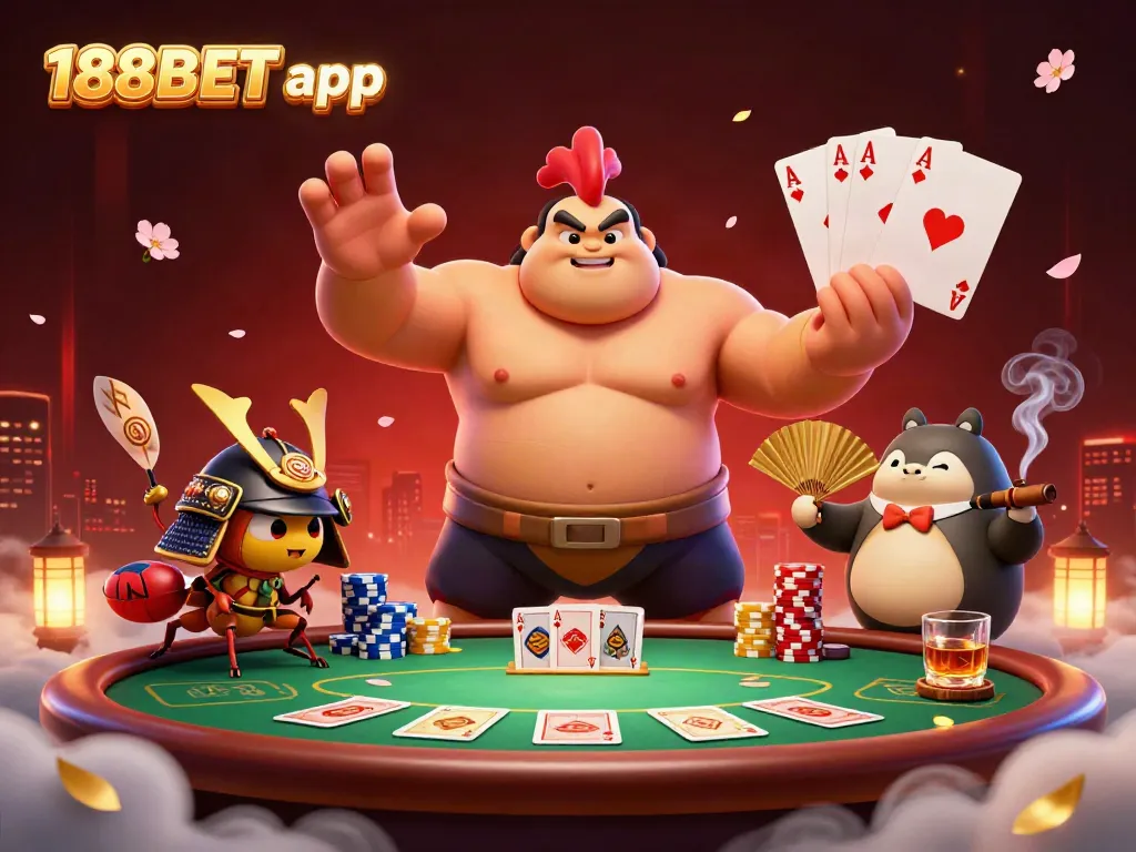 Place bets with the vibrant 188BET app in a dynamic casino scene featuring exciting characters and poker action.