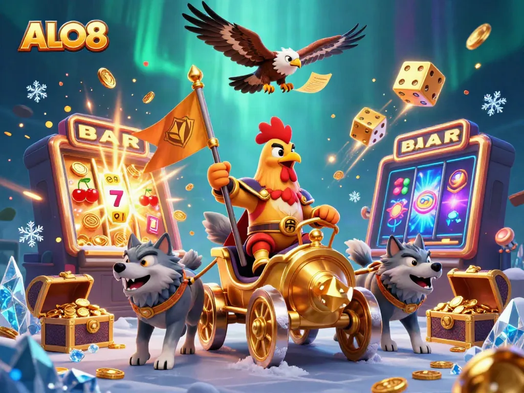 Experience the excitement of ALO8 with a dynamic 3D illustration showcasing game elements and thrilling characters.