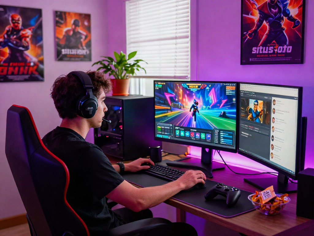 Engaged gamer immersed in situs toto gaming experience at home
