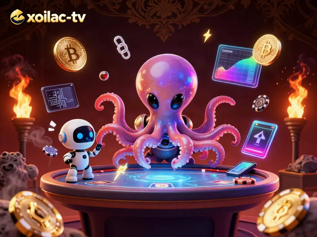Engage with exciting poker action on xoilac-tv as an alien octopus operates a holographic table amidst floating cryptocurrency coins.
