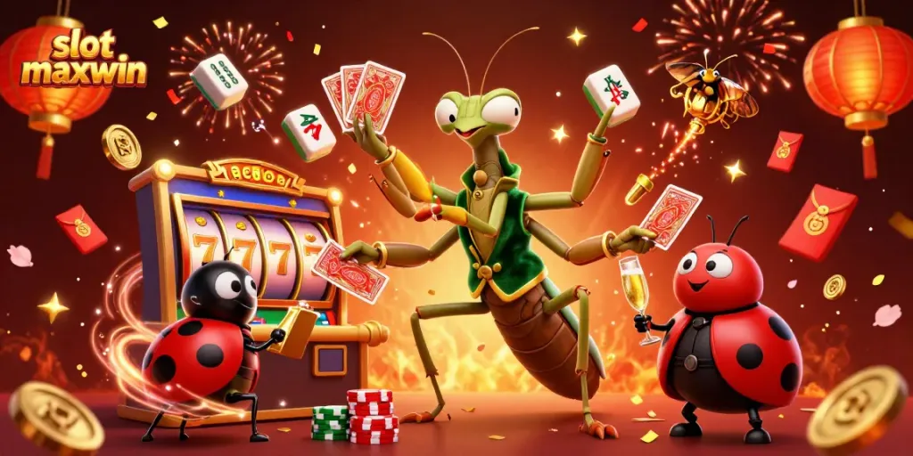 Engage with slot maxwin excitement as a giant praying mantis deals cards amidst casino energy.