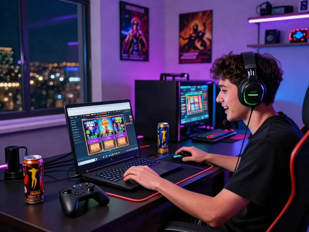 Player exploring slot gacor hari ini on BMWSLOT88 in a vibrant gaming setup with colorful accessories.