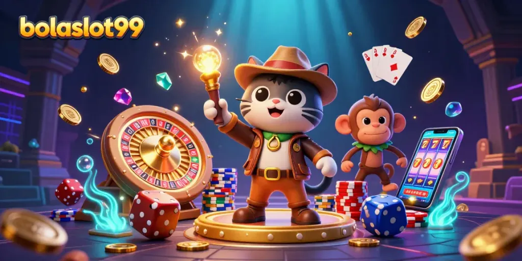 Bolaslot99 illustrates a casino adventure featuring a cartoon cat, coins, and jewels in vibrant colors.