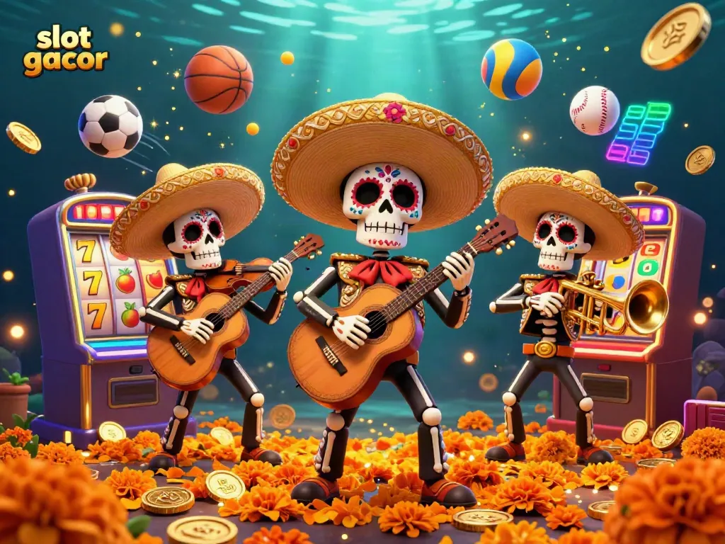 Experience the thrill of slot gacor with vibrant mariachi musicians, spinning slot reels, and dynamic sports elements.