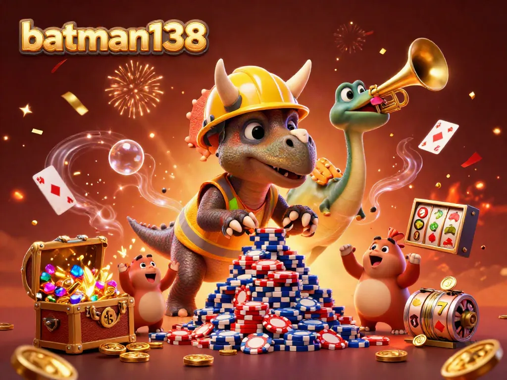 Experience the excitement of batman138 with a lively 3D scene of a triceratops and friends celebrating with poker chips and gaming elements.
