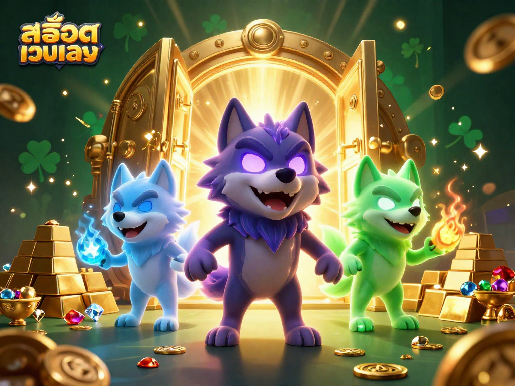Play สล็อตเว็บตรง with the powerful wolf pack leader and rich treasure elements in a vibrant casino scene.