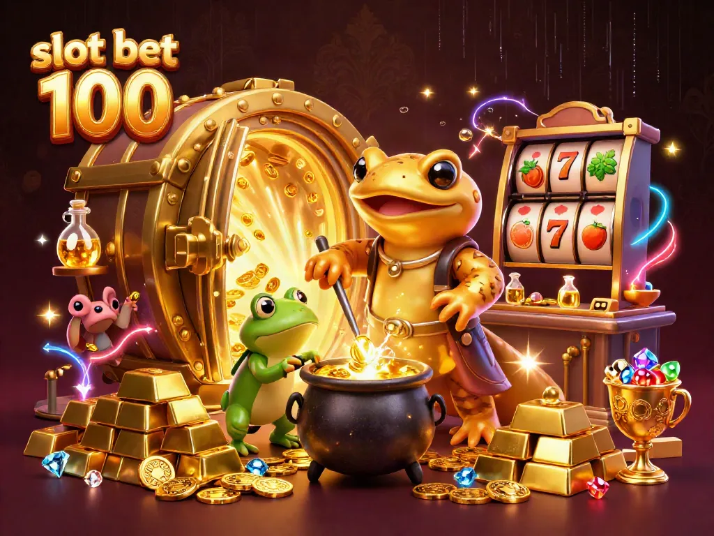 Experience slot bet 100 thrill surrounded by golden alchemy and jackpot excitement in a colorful 3D scene.
