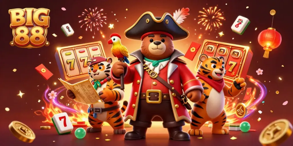 Experience exciting wins at BIG 88 with pirates and treasure in this vibrant 3D casino illustration.